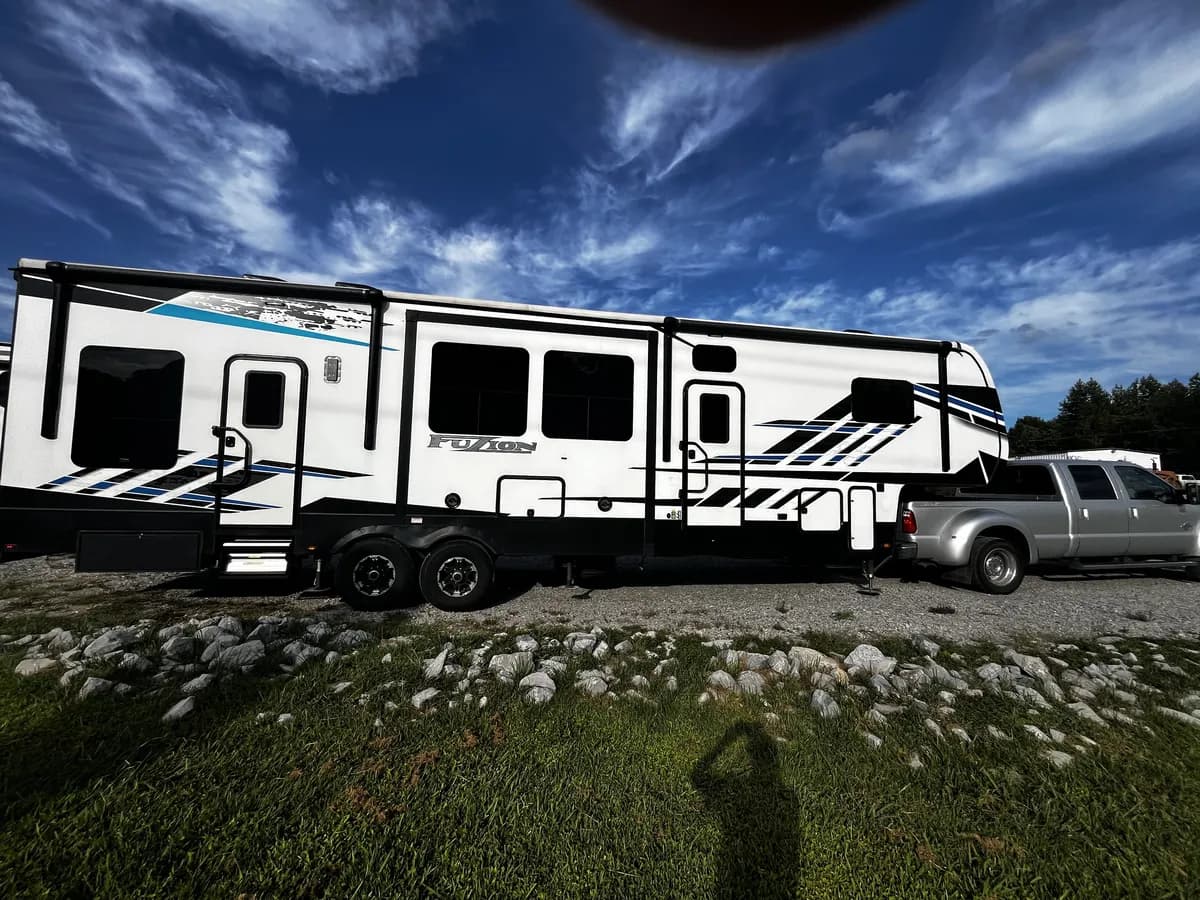 Completed Keystone Fuzion FZ 373 with repaired slide corner and restored exterior at Nations RV & Marine