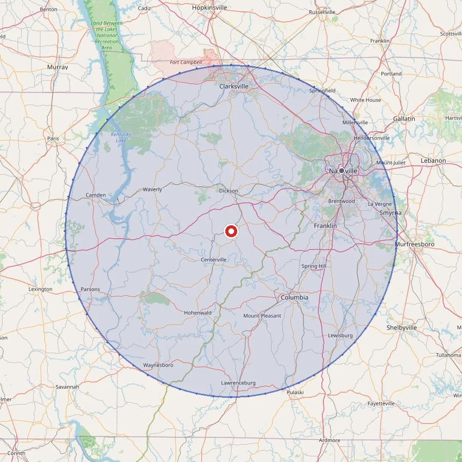 Map of Middle Tennessee showing Nations RV 50-mile service area centered on Lyles with Nashville visible to the northeast